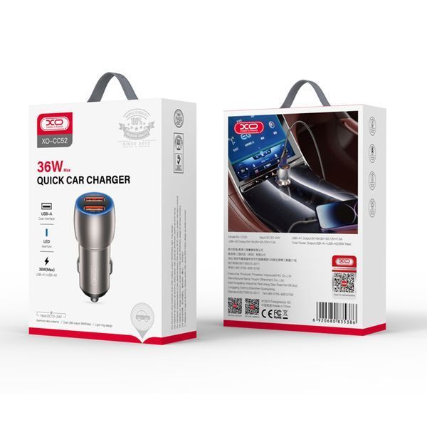 Автомобільний зарядний пристрій XO CC52 Metal Dual USB QC3.0 36W чорний storm_group__XO-CC52 фото
