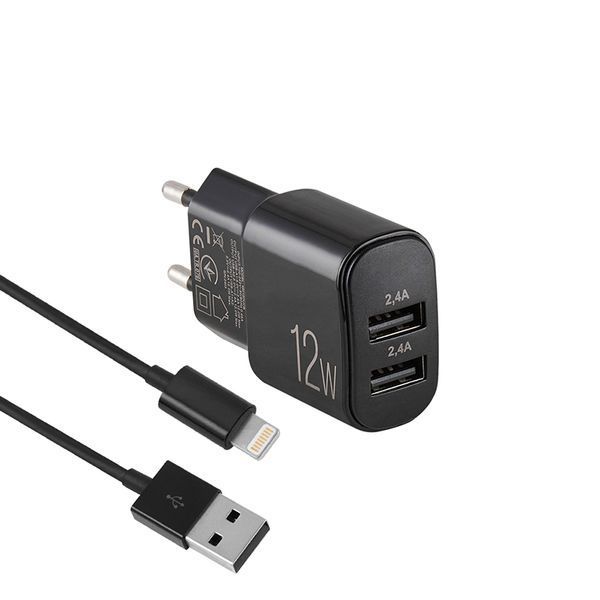 Мережевий зарядний пристрій Brevia ePower 12W 2xUSB-A + кабель USB-A to Lightning 1м чорний 45012DULB storm_group__45012DULB фото