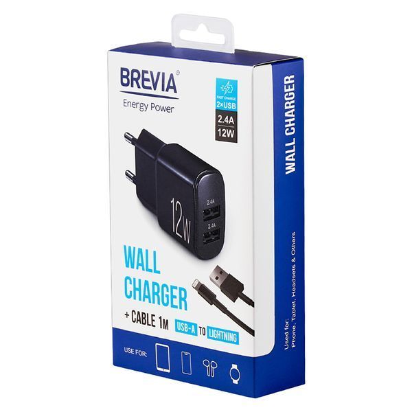 Мережевий зарядний пристрій Brevia ePower 12W 2xUSB-A + кабель USB-A to Lightning 1м чорний 45012DULB storm_group__45012DULB фото