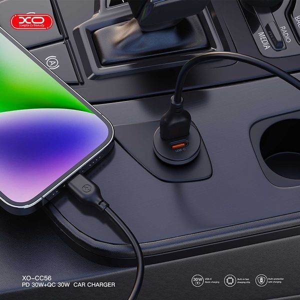 Автомобильное зарядное устройство XO CC56 Plastic mini 30W+ Lightning кабель черный storm_group__XO-CC56+L-black фото