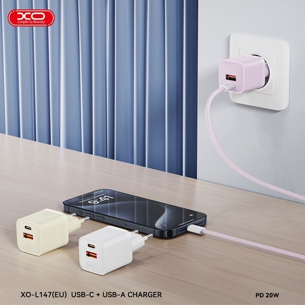 Мережевий зарядний пристрій XO L147 PD20W 1USB-A+1USB-C білий storm_group__XO-L147 фото