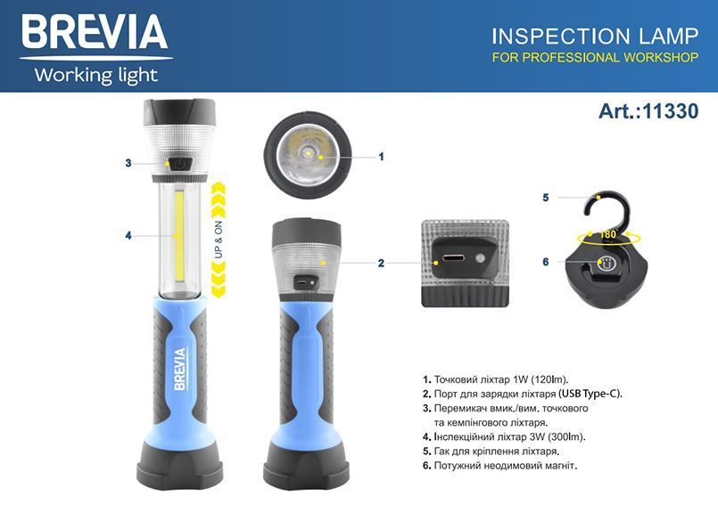 Фонарь LED инспекционный телескопический Brevia 3W COB+1W LED+8LED 300lm 2000mAh, адаптер AC 220 storm_group__11330 фото