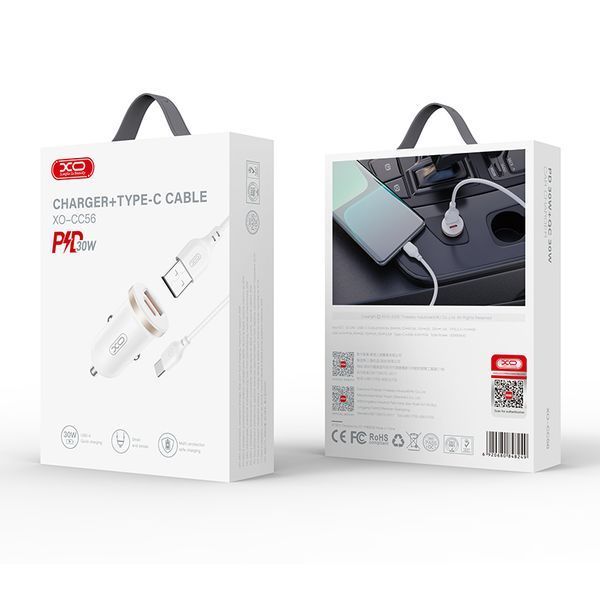 Автомобильное зарядное устройство XO CC56 Plastic mini 30W+ Type-c кабель белый storm_group__XO-CC56+C-white фото