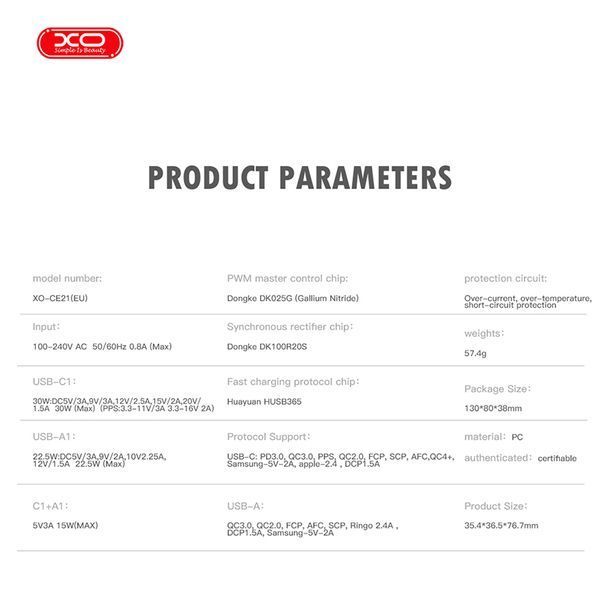 Сетевое зарядное устройство XO CE21 PD30W/PPS33W 1USB-A+1USB-C + Lightning кабель белый storm_group__XO-CE21+L фото
