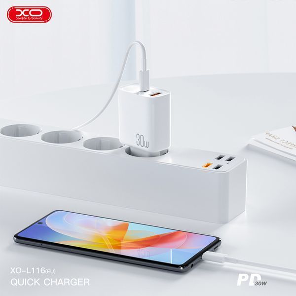 Мережевий зарядний пристрій XO L116 PD30W/QC18W 1USB-C+1USB-A Type-C кабель білий storm_group__XO-L116+C фото