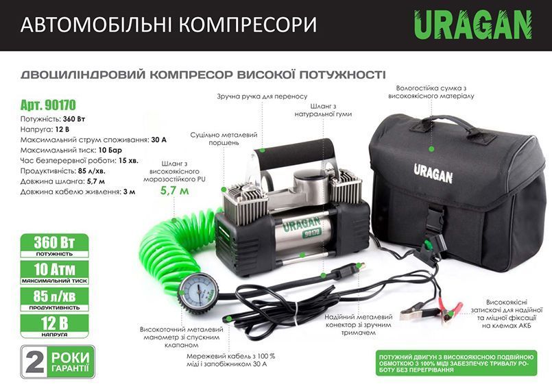 Компрессор автомобильный URAGAN 90170, 10 Атм, 85 л/мин, 360 Вт storm_group__90170 фото
