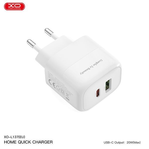 Мережевий зарядний пристрій XO L137 PD20W/QC18W 1USB-A+1USB-C + Type-c кабель білий storm_group__XO-L137+C фото