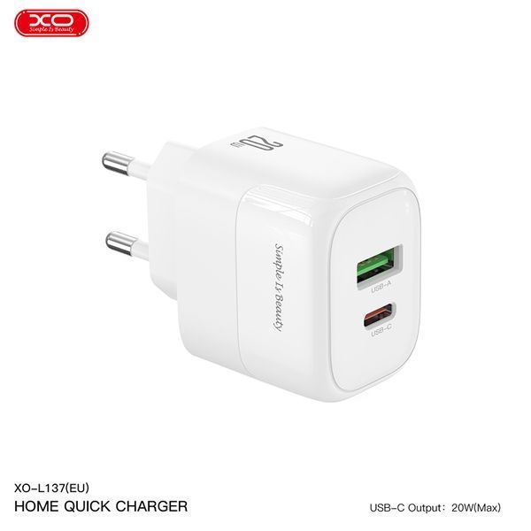 Мережевий зарядний пристрій XO L137 PD20W/QC18W 1USB-A+1USB-C + Type-c кабель білий storm_group__XO-L137+C фото