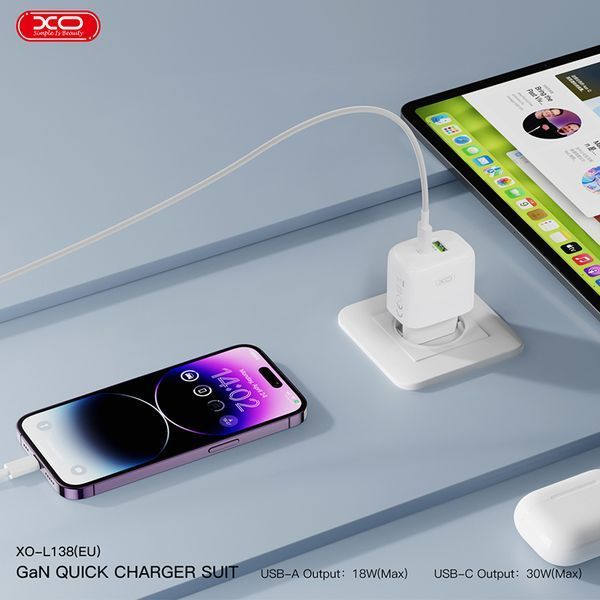 Сетевое зарядное устройство XO L138 PD30W/QC18W 1USB-A+1USB-C + Type-c кабель белый storm_group__XO-L138+C фото
