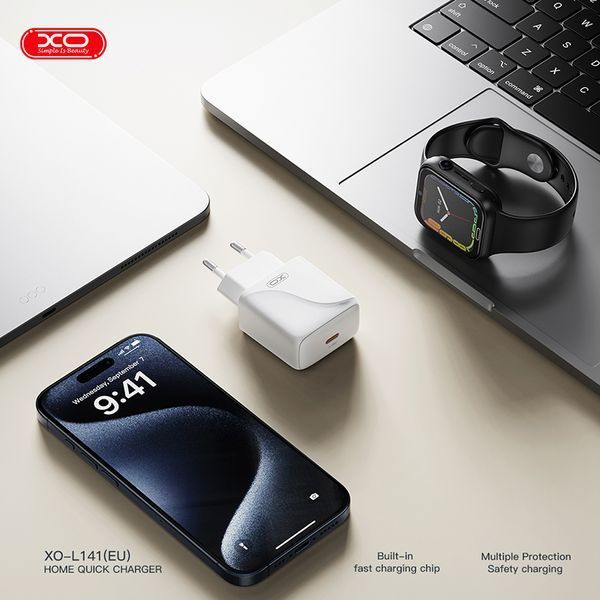 Мережевий зарядний пристрій XO L141 Single USB-C 20W + Lightning кабель білий storm_group__XO-L141+L фото