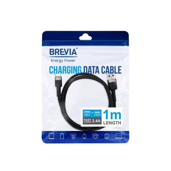 Кабель Brevia USB to Type-C 2,4А 1м, чорний ZIP storm_group__53100BUCZ1 фото