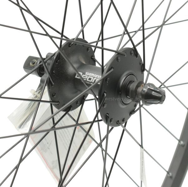 Колесо 26 перед, обід 2-ний чорний дисковий, втулка SHIMANO DEORE FH-M525A, диск 6 болтів,ексцентрик,чорна спиця WSTV-04-032 фото